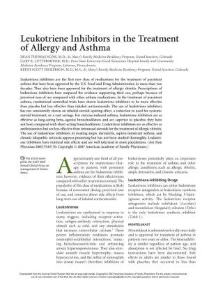 Leukotriene Inhibitors in the Treatment of Allergy and Asthma DEAN THOMAS SCOW, M.D., St