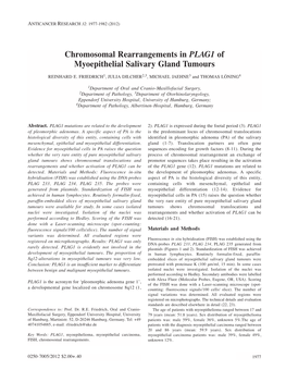 Chromosomal Rearrangements in PLAG1 of Myoepithelial Salivary Gland Tumours