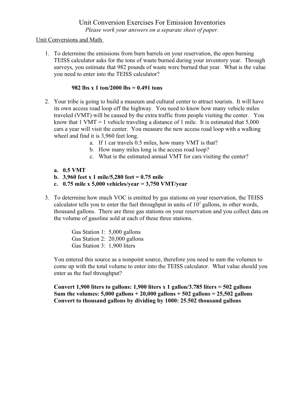 Unit Conversion Exercises for Emission Inventories