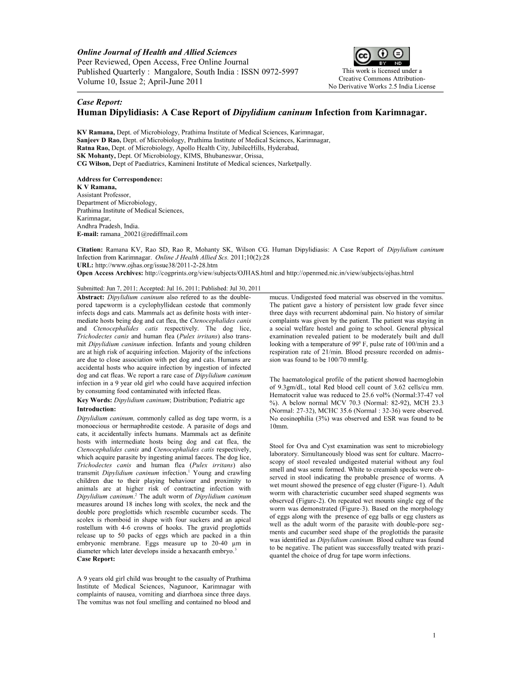 A Case Report of Dipylidium Caninum Infection from Karimnagar