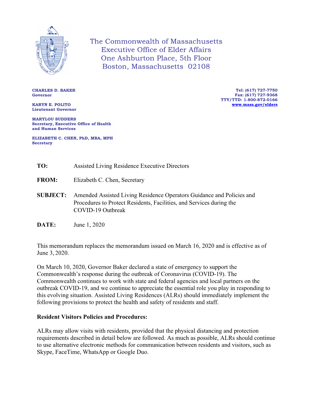 The Commonwealth of Massachusetts Executive Office of Elder Affairs One Ashburton Place, 5Th Floor Boston, Massachusetts 02108