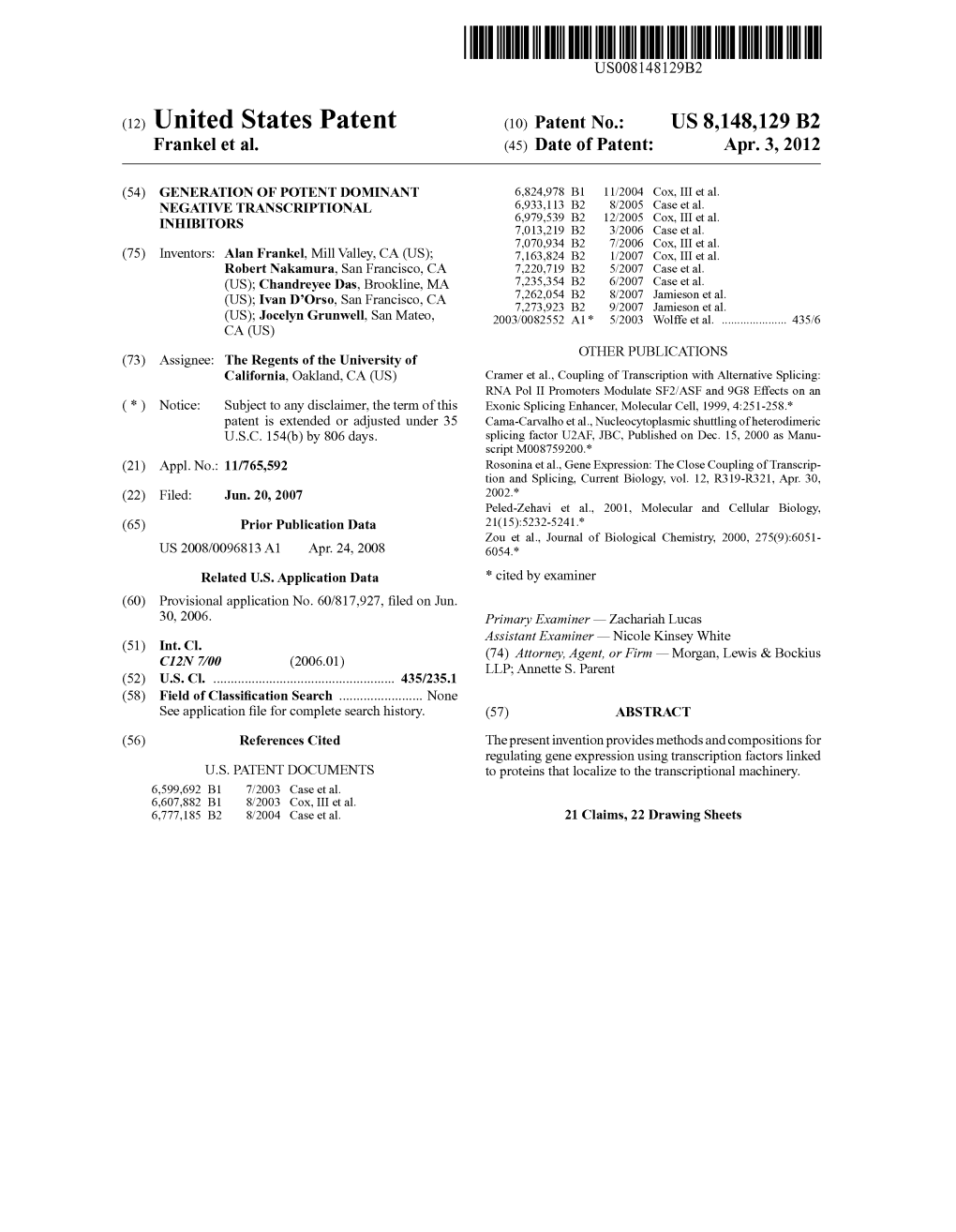 (12) United States Patent (10) Patent No.: US 8,148,129 B2 Frankel Et Al
