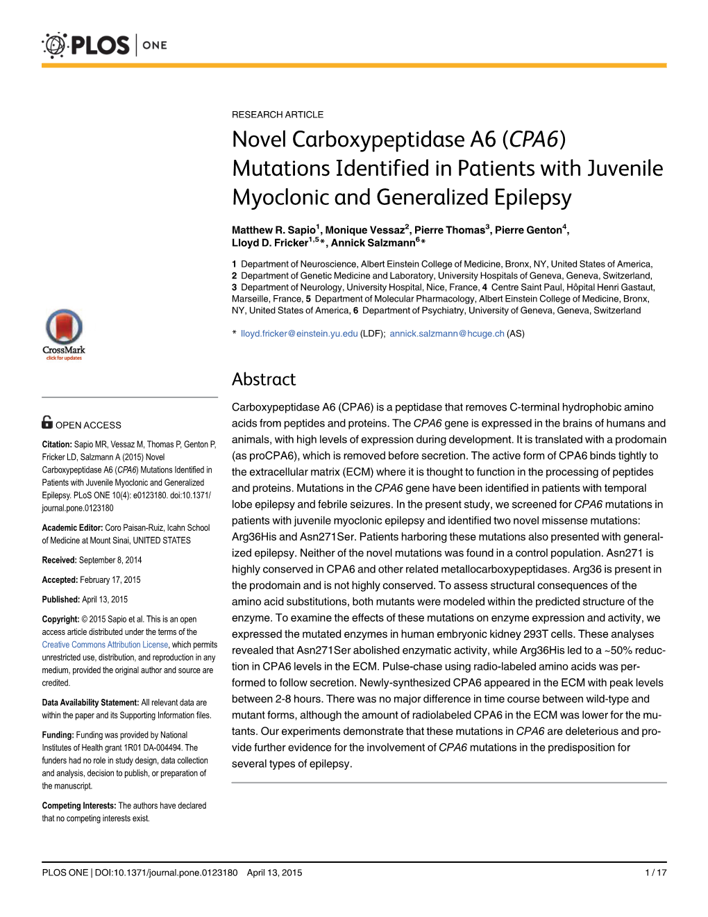 Novel Carboxypeptidase A6 (CPA6) Mutations Identified in Patients with Juvenile Myoclonic and Generalized Epilepsy