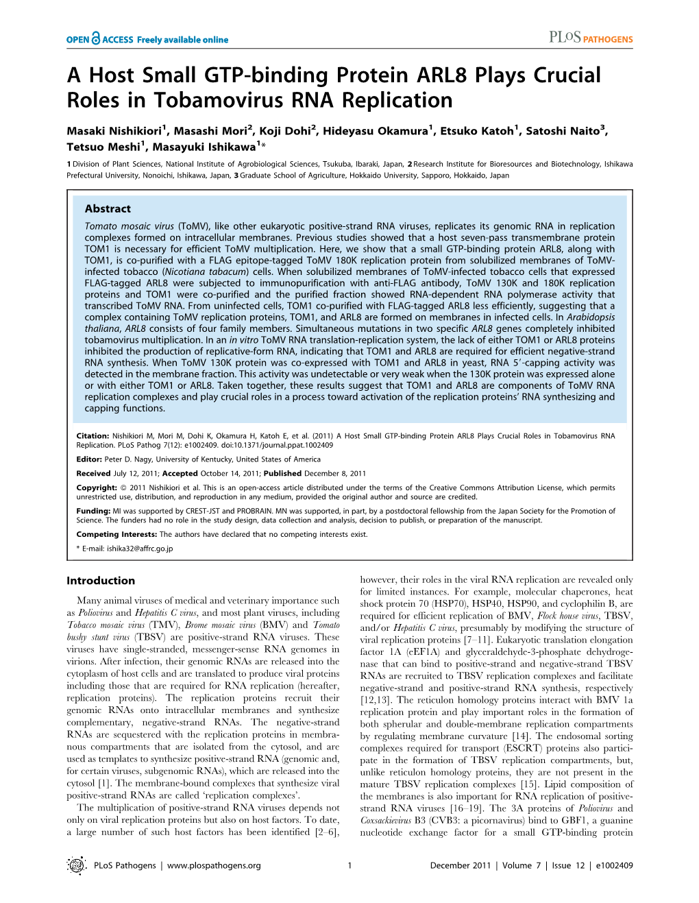 A Host Small GTP-Binding Protein ARL8 Plays Crucial Roles in Tobamovirus RNA Replication