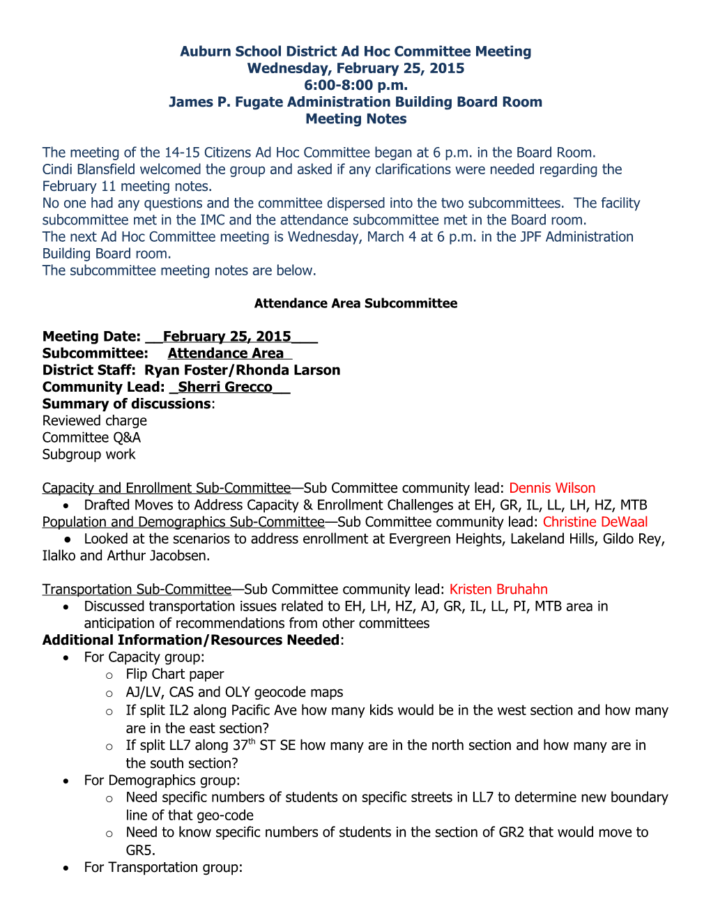 Attend Facility Committee Note Format