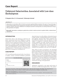 Unilateral Galactorrhea Associated with Low-Dose Escitalopram