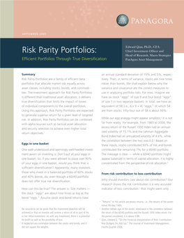 Risk Parity Portfolios: Chief Investment Officer and Head of Research, Macro Strategies Efficient Portfolios Through True Diversification Panagora Asset Management