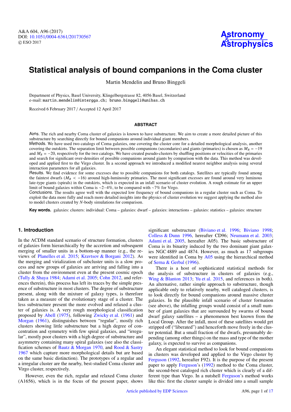 Statistical Analysis of Bound Companions in the Coma Cluster Martin Mendelin and Bruno Binggeli