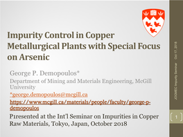 Impurity Control in Copper Metallurgical Plants with Special Focus on Arsenic Oct 2018 17