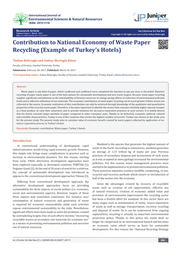 Contribution to National Economy of Waste Paper Recycling (Example of Turkey’S Hotels)