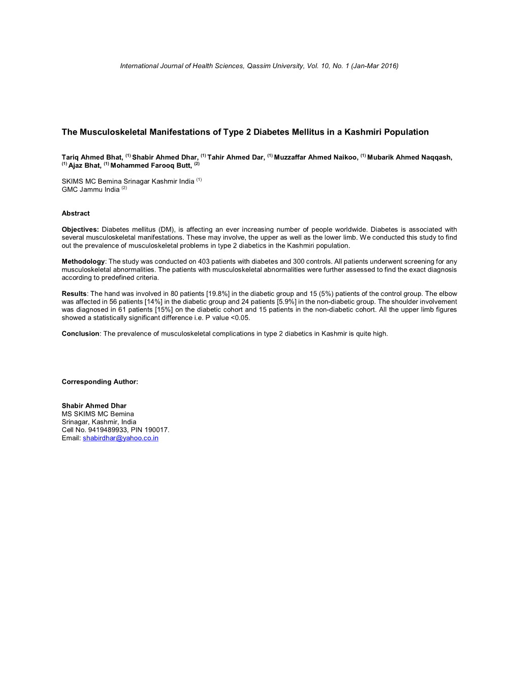 The Musculoskeletal Manifestations of Type 2 Diabetes Mellitus in a Kashmiri Population