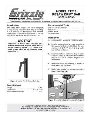 Model T1213 Resaw Drift Bar Instructions