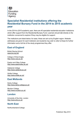 Specialist Residential Institutions Offering the Residential Bursary Fund in the 2014 to 2015 Academic Year