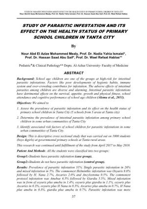 STUDY of PARASITIC INFESTATION and ITS EFFECT on the HEALTH STATUS of PRIMARY SCHOOL CHILDREN in TANTA CITY Nour Abd El Azize Mohammed Mealy, Prof
