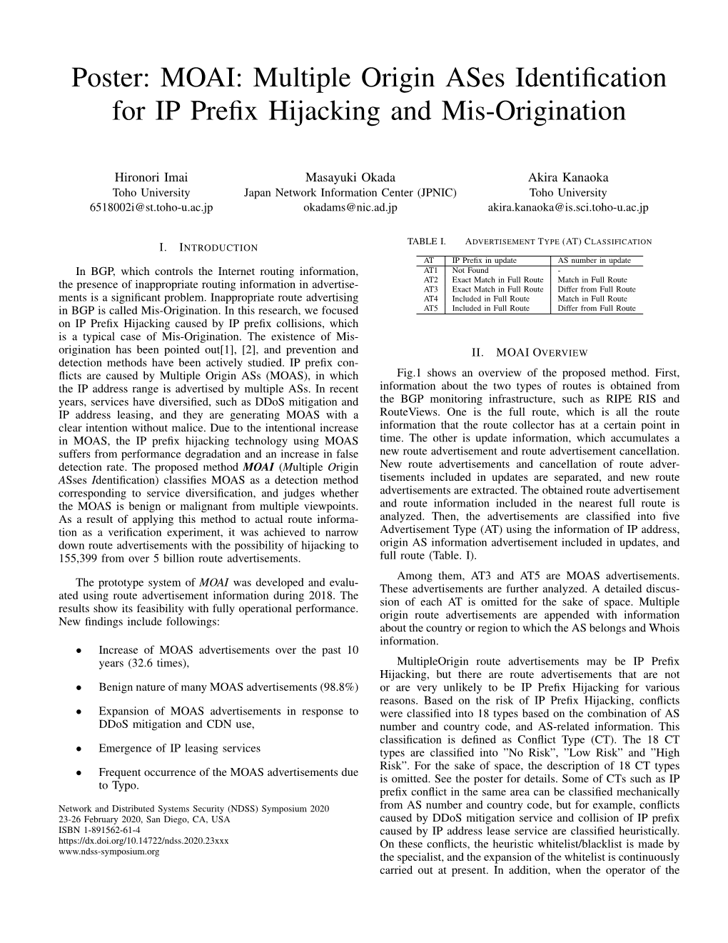 Multiple Origin Ases Identification for IP Prefix Hijacking and Mis