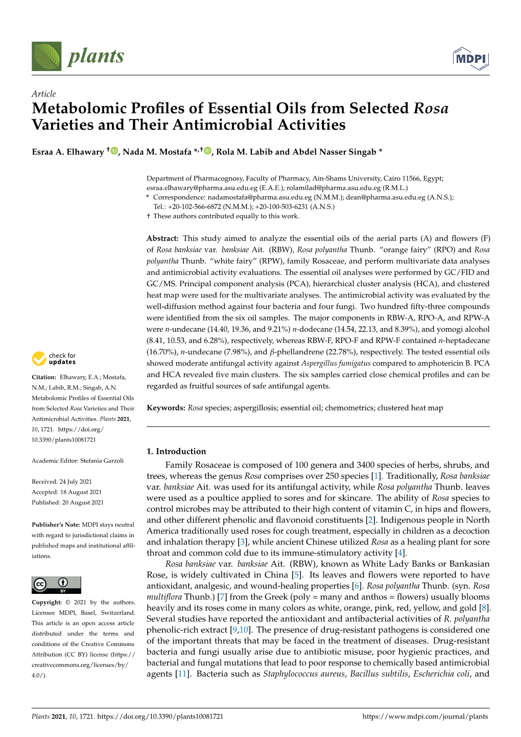 Metabolomic Profiles of Essential Oils from Selected Rosa Varieties And