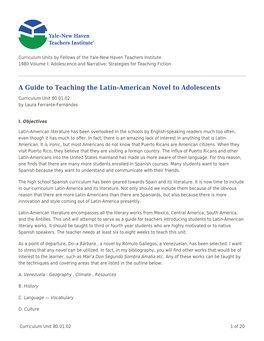 A Guide to Teaching the Latin-American Novel to Adolescents