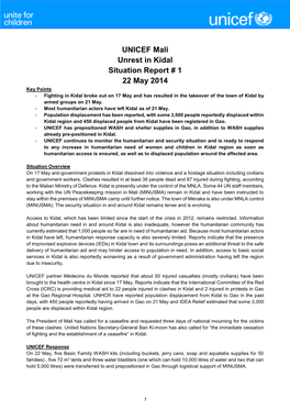 UNICEF Mali Unrest in Kidal Situation Report # 1 22 May 2014