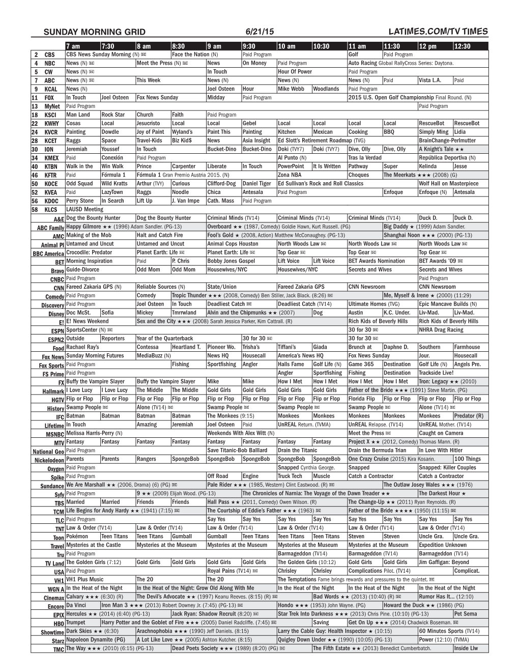 Sunday Morning Grid 6/21/15 Latimes.Com/Tv Times