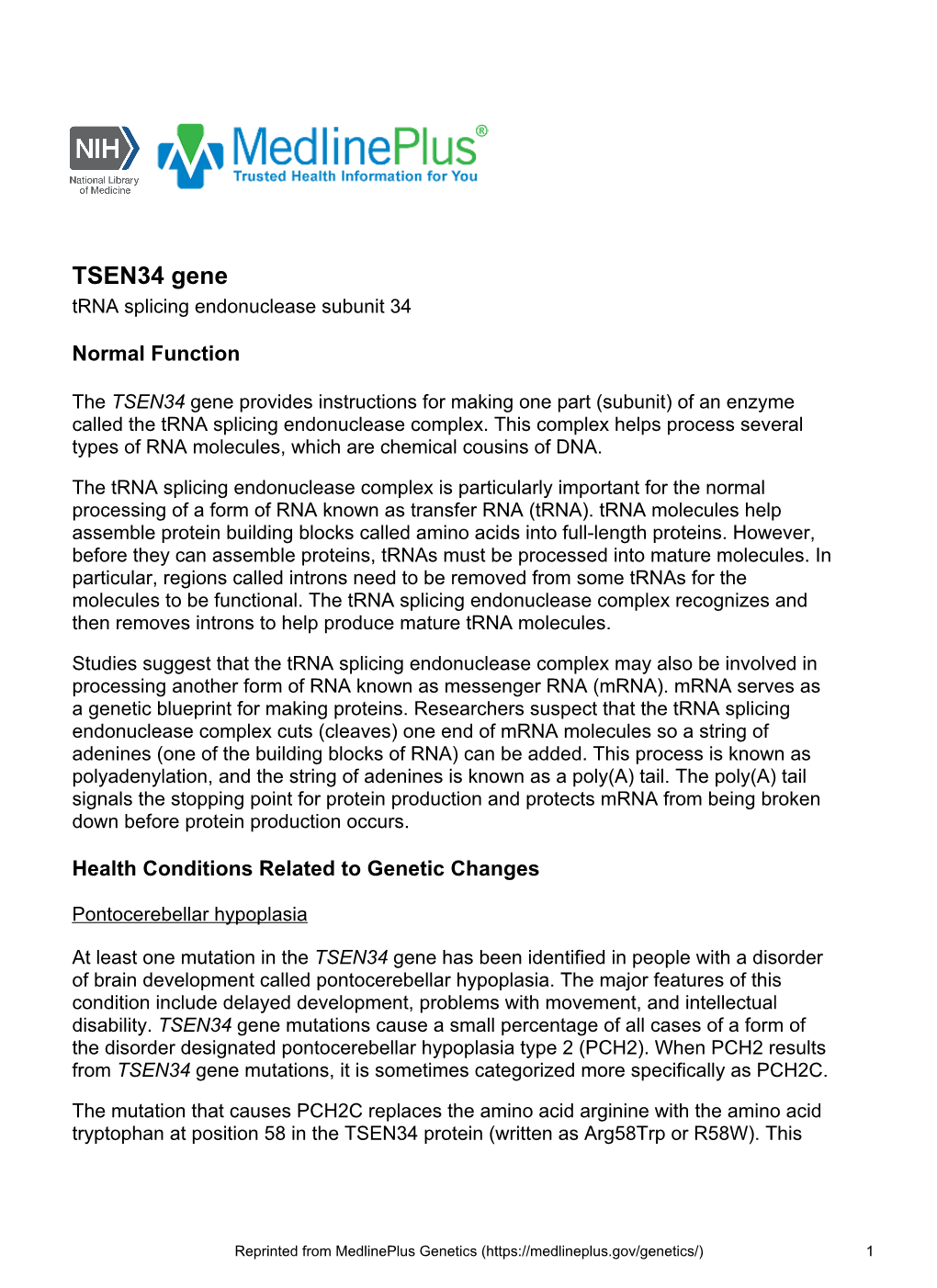 TSEN34 Gene Trna Splicing Endonuclease Subunit 34