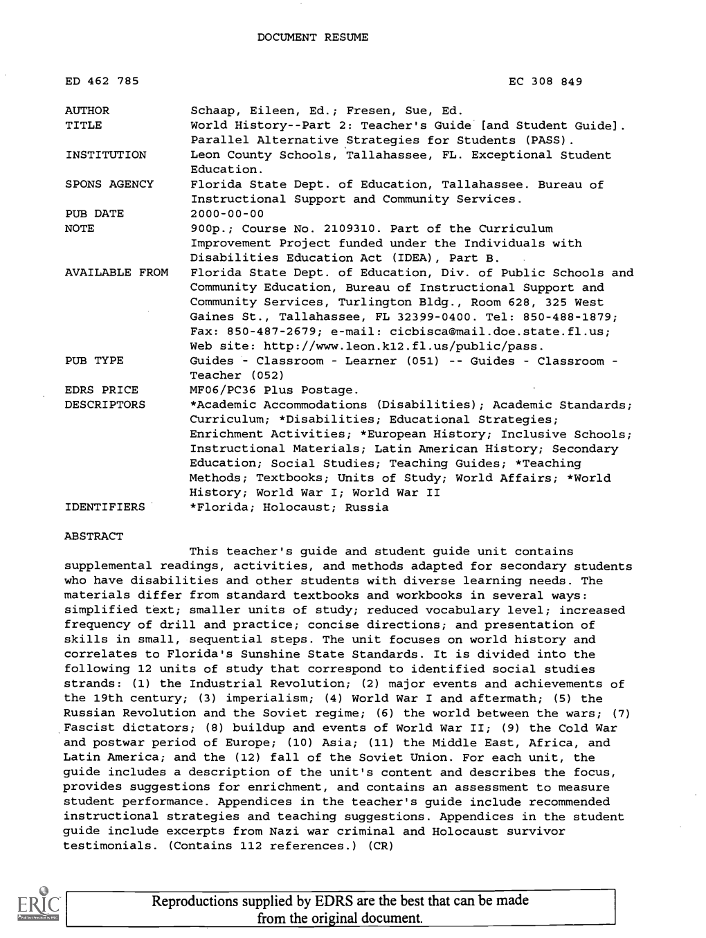 World History--Part 2: Teacher's Guide [And Student Guide]. Parallel Alternative ,Strategies for Students (PASS)