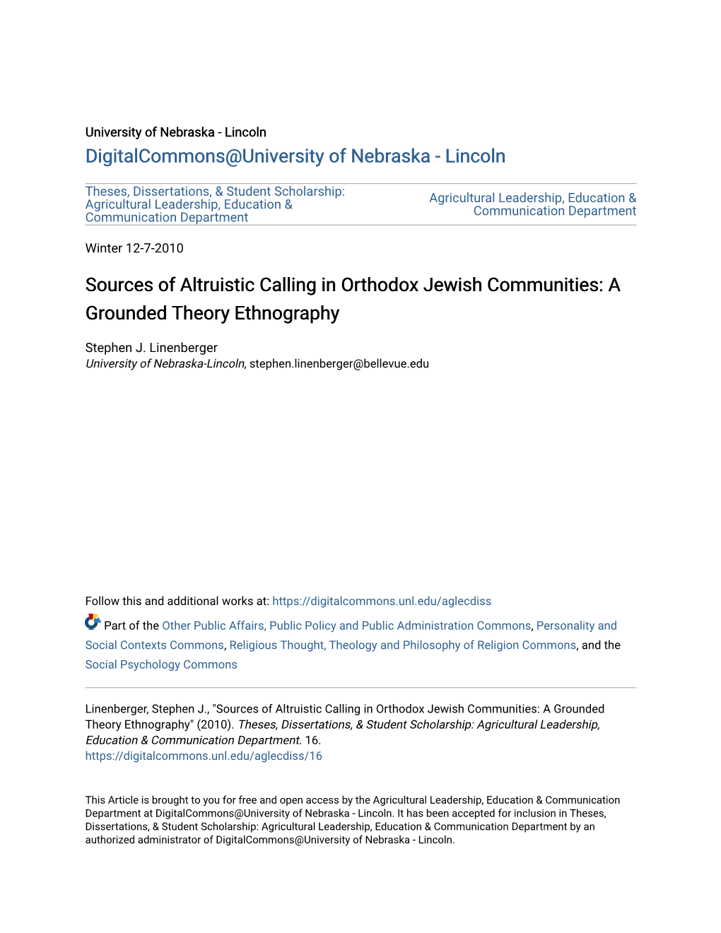 Sources of Altruistic Calling in Orthodox Jewish Communities: a Grounded Theory Ethnography