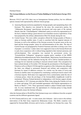 Eberhard Demm the German Influence on the Process of Nation Building in North-Eastern Europe 1914– 1919 Between 1914/15 and 19