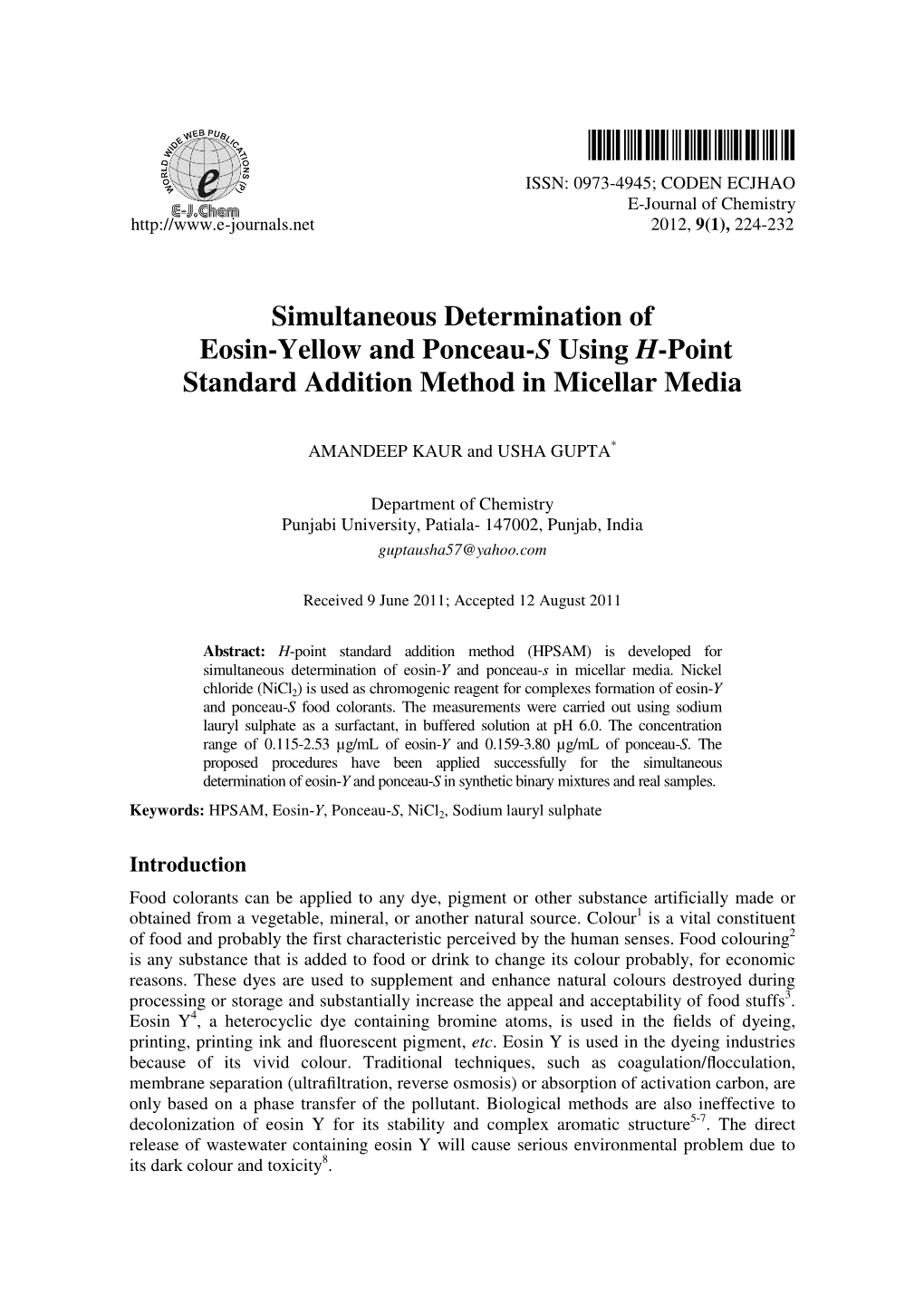 Simultaneous Determination of Eosin-Yellow and Ponceau-S Using H-Point Standard Addition Method in Micellar Media