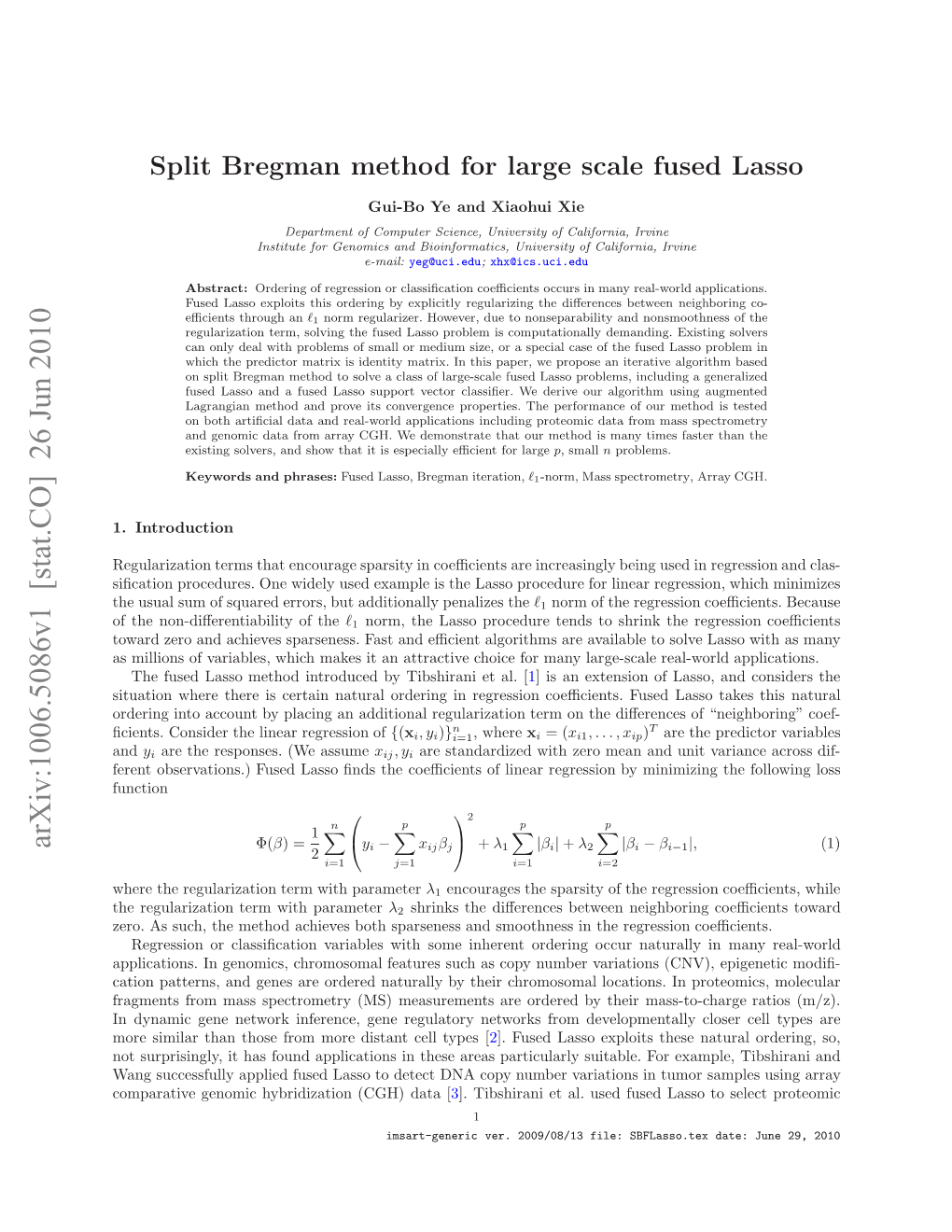 Split Bregman Method for Large Scale Fused Lasso