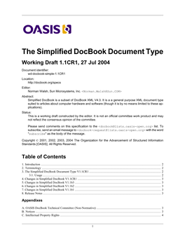 The Simplified Docbook Document Type Working Draft 1.1CR1, 27 Jul 2004
