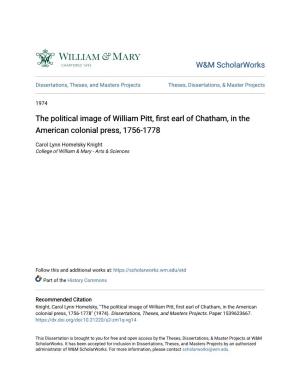 The Political Image of William Pitt, First Earl of Chatham, in the American Colonial Press, 1756-1778