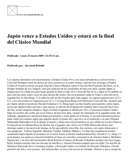Japón Vence a Estados Unidos Y Estará En La Final Del Clásico Mundial
