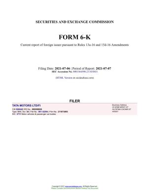TATA MOTORS LTD/FI Form 6-K Current Event Report Filed 2021-07