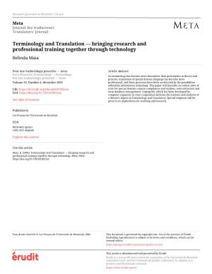 Terminology and Translation — Bringing Research and Professional Training Together Through Technology Belinda Maia