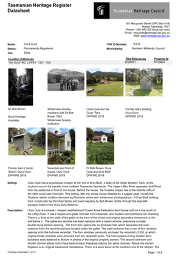 Tasmanian Heritage Register Datasheet