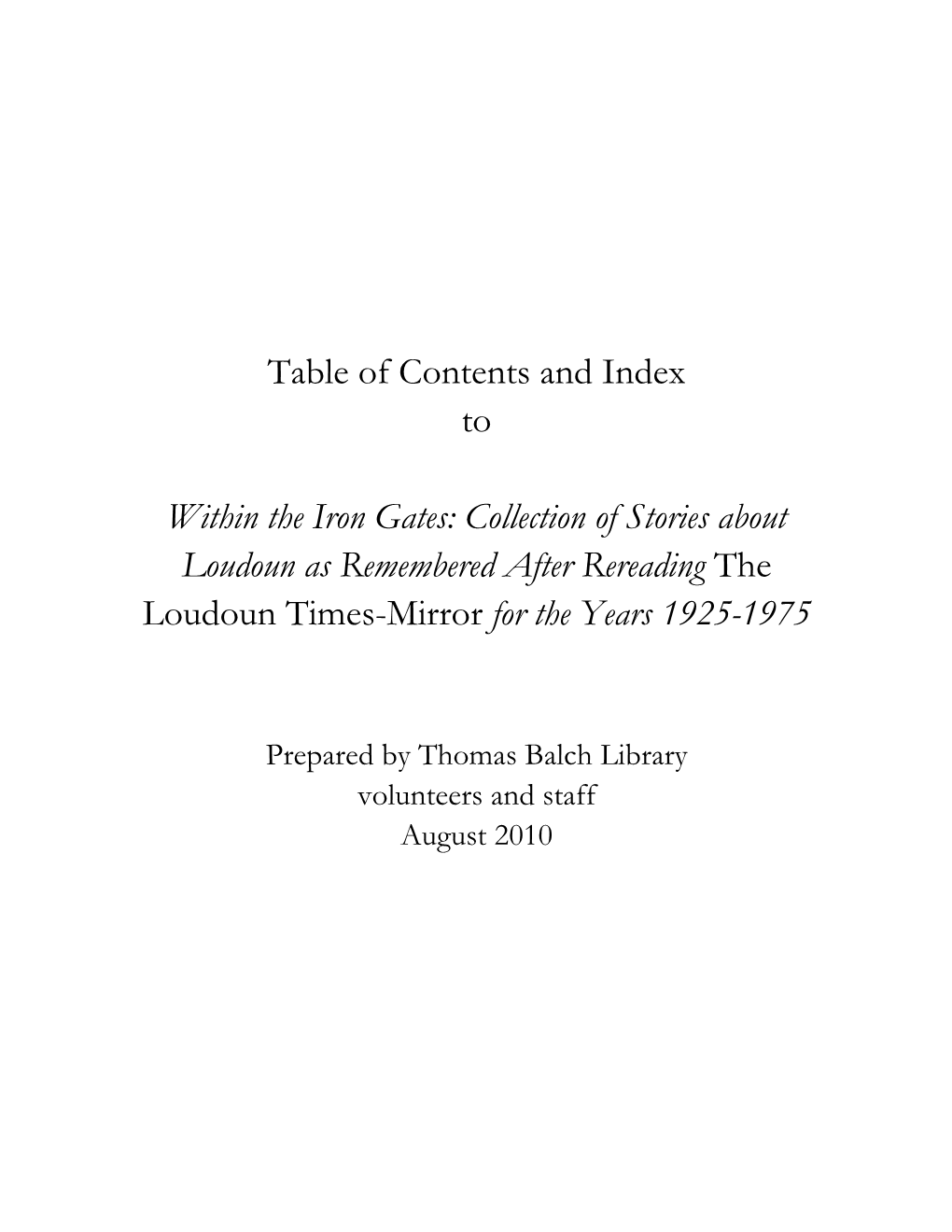 Table of Contents and Index to Within the Iron Gates: Collection of Stories