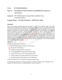 UV-Visible Spectroscopy: Beer-Lambert Law, Instrumentation Content Writer : Dr.Vidya Kothekar , AIIMS New Delhi