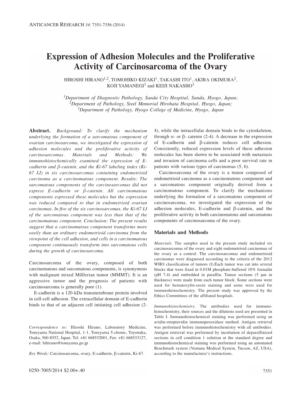 Expression of Adhesion Molecules and the Proliferative Activity of Carcinosarcoma of the Ovary