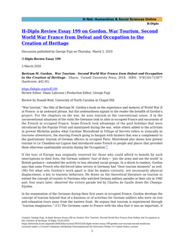 H-Diplo Review Essay 199 on Gordon. War Tourism. Second World War France from Defeat and Occupation to the Creation of Heritage