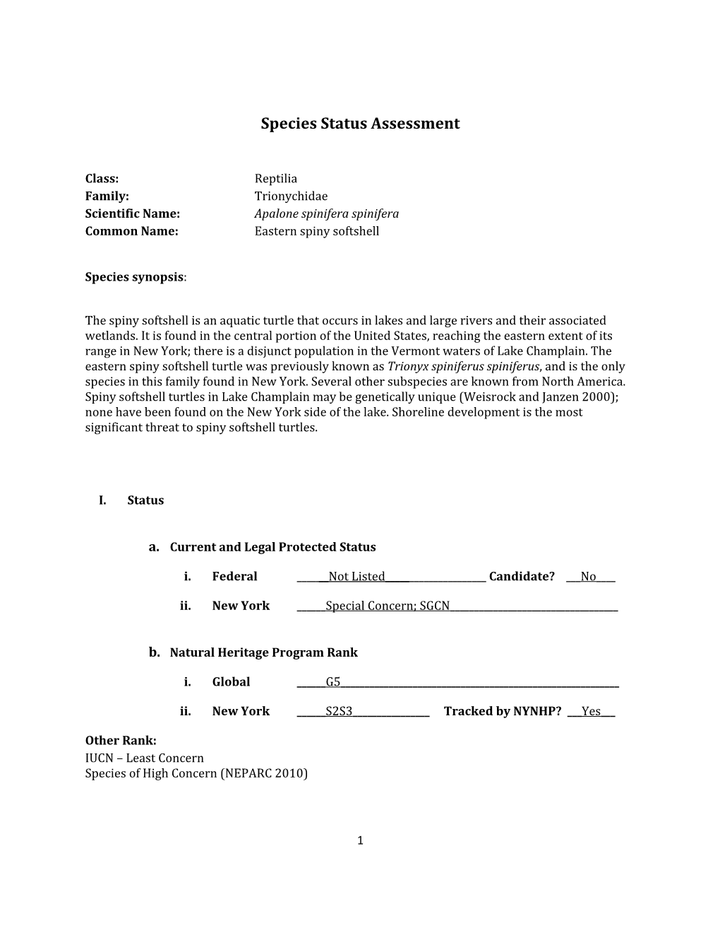 Species Assessment for Eastern Spiny Softshell