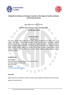Polytechnic Institutes in Portugal: Research on the Impact of Twelve Institutes on the Local Economy
