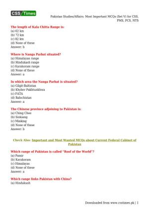 Pakistan Studies/Affairs: Most Important Mcqs (Set V) for CSS, PMS, PCS, NTS