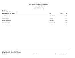 THE OHIO STATE UNIVERSITY Dean's List SPRING SEMESTER 2015 Australia Sorted by Zip Code, City and Last Name