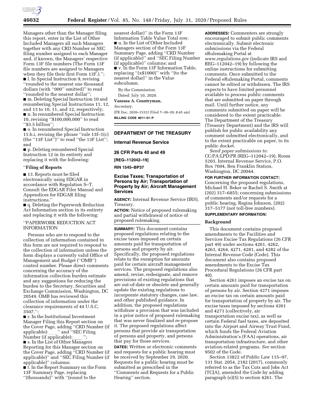 Proposed Regulations, Property by Air; Aircraft Management Michael H