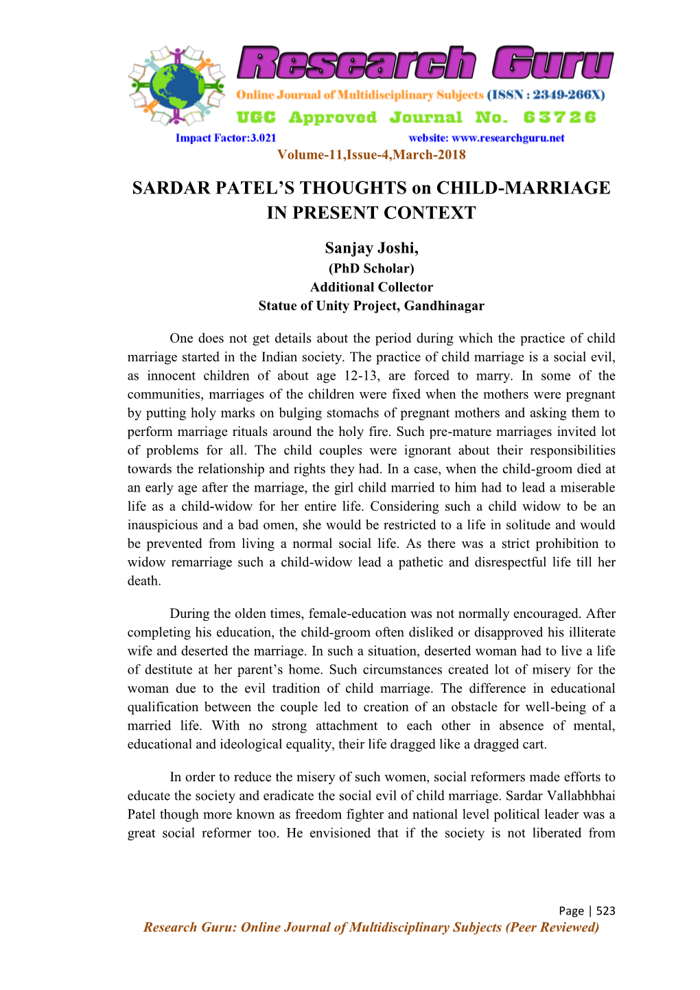 SARDAR PATEL's THOUGHTS on CHILD-MARRIAGE in PRESENT CONTEXT