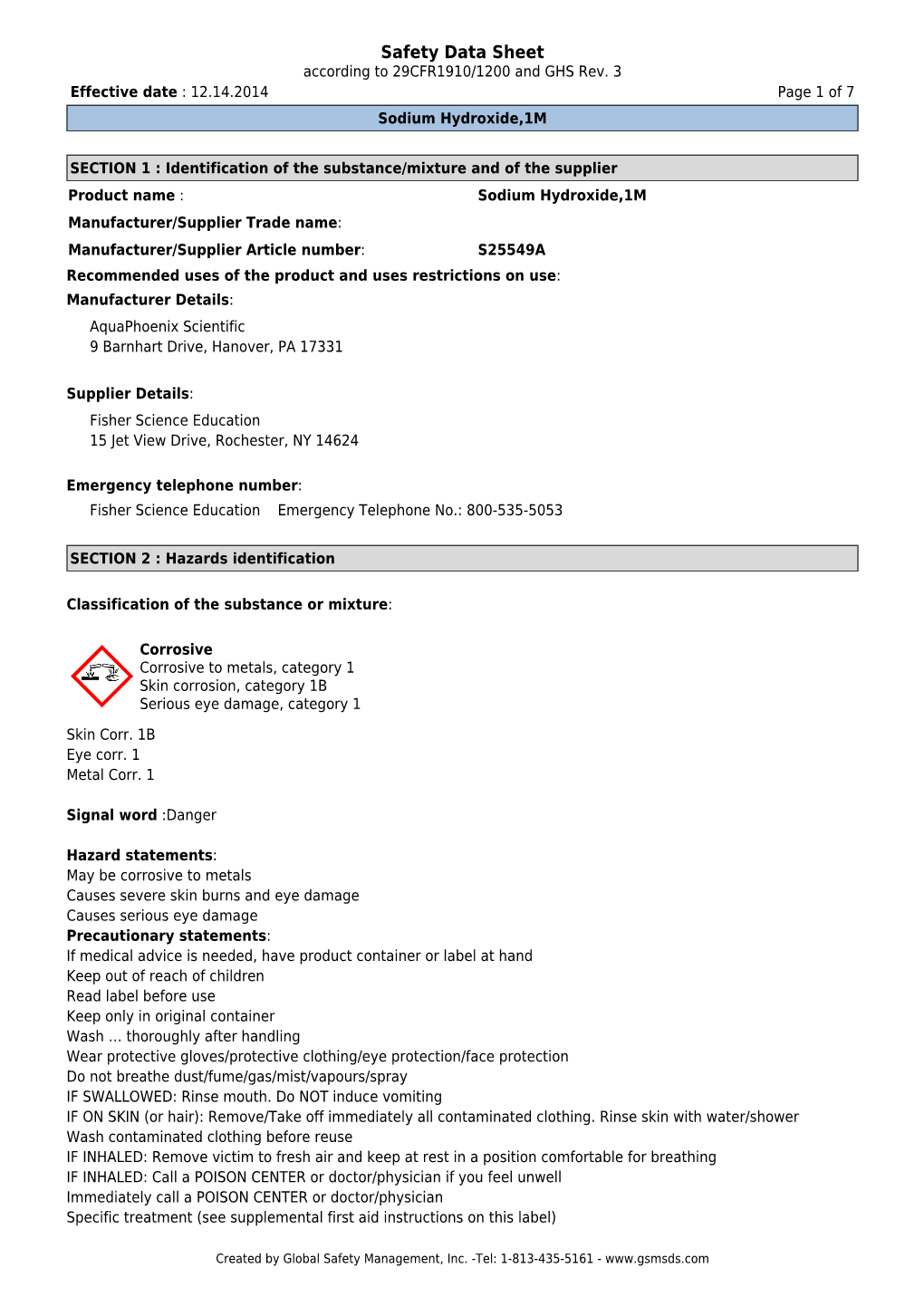 Safety Data Sheet According to 29CFR1910/1200 and GHS Rev