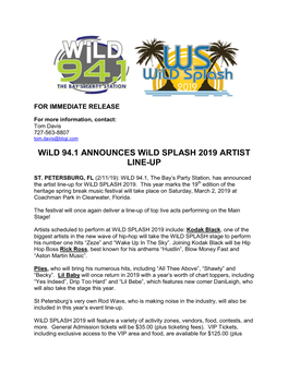 Wild 94.1 ANNOUNCES Wild SPLASH 2019 ARTIST LINE-UP