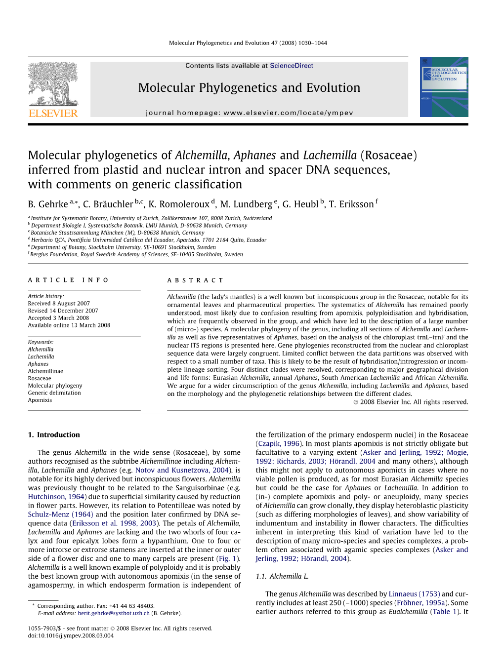 Molecular Phylogenetics of Alchemilla, Aphanes And