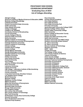 PISCATAWAY HIGH SCHOOL COUNSELING DEPARTMENT Graduating Class of 2019 List of Colleges Attending