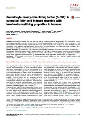 Granulocyte Colony-Stimulating Factor (G-CSF): a Saturated Fatty Acid-Induced Myokine with Insulin-Desensitizing Properties in Humans